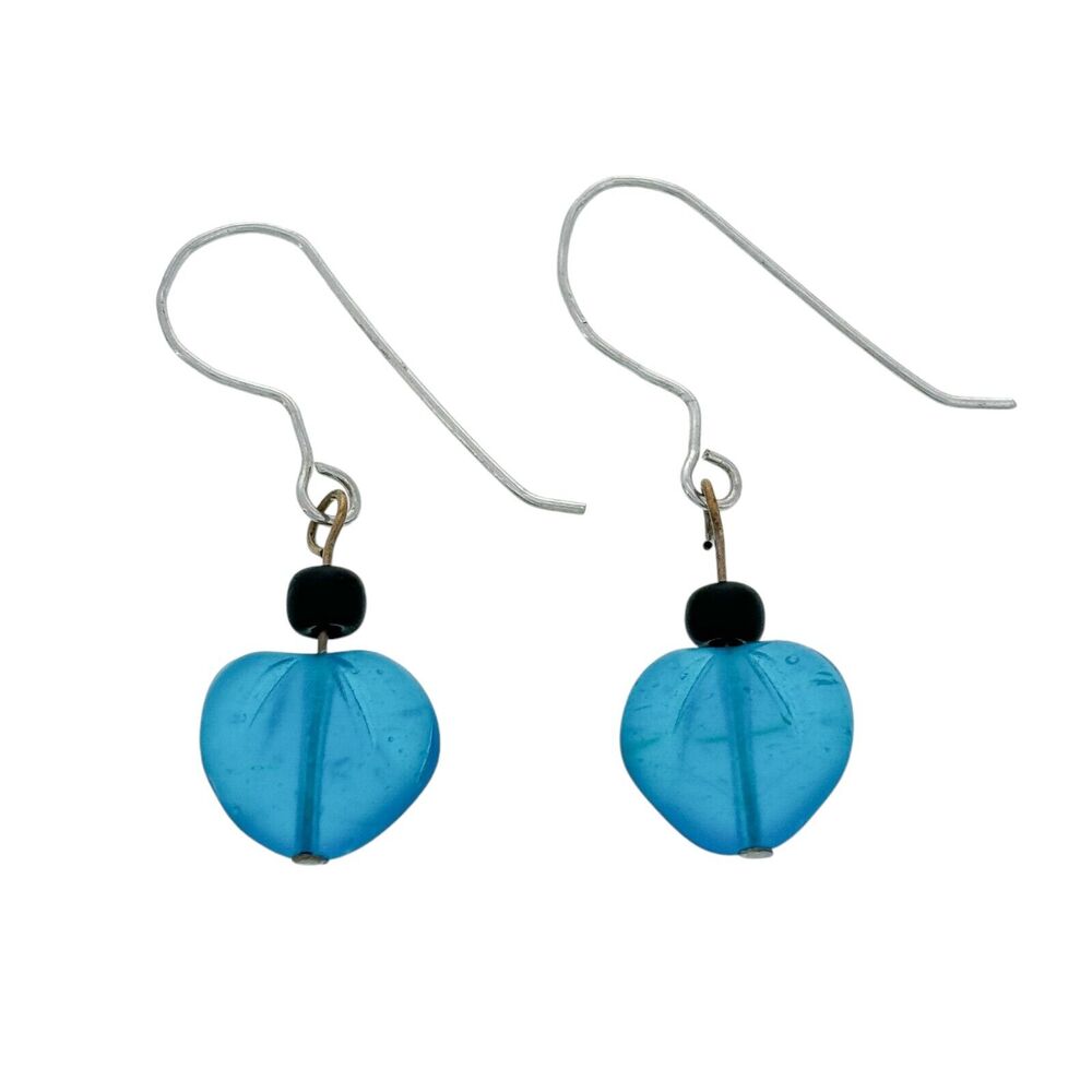 Estate Silver Tone Blue Sea Glass Heart Dangle Earrings